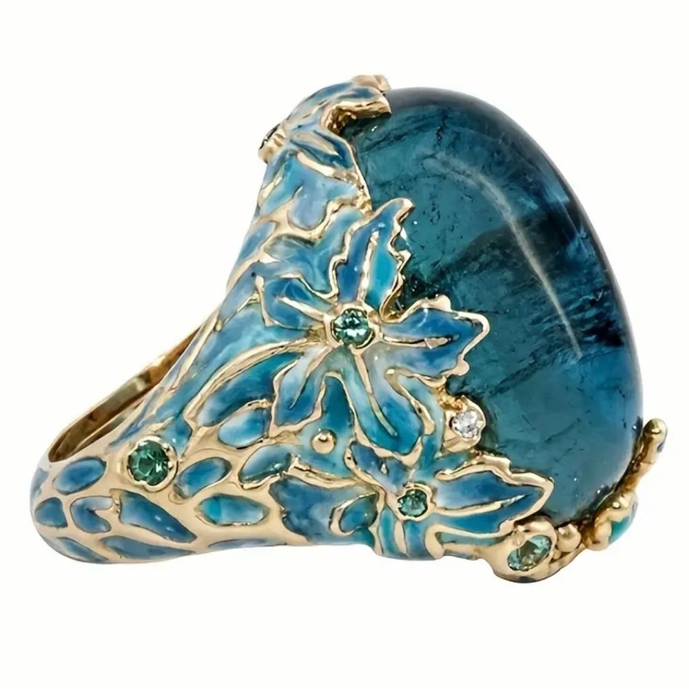 Elegant Blue and Gold Floral Ring Size 5
